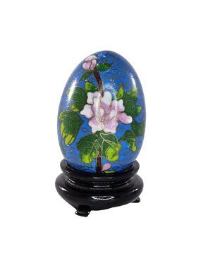 Cloisonne Blue Floral Decorative Egg With Black Stand Collectible Decor FLAW